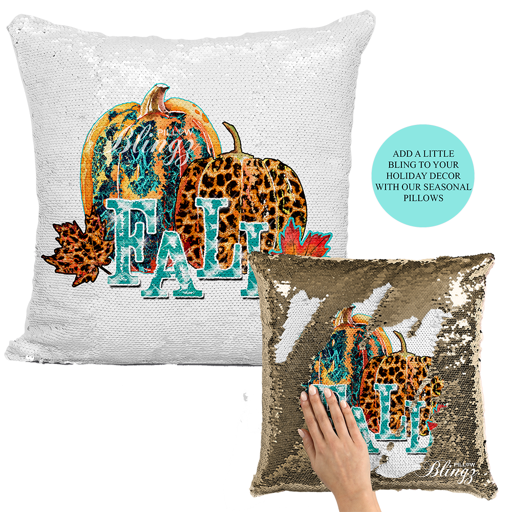 Leopard Pumpkins Fall Reversible Sequin Pillow Case - Pillow Blingz