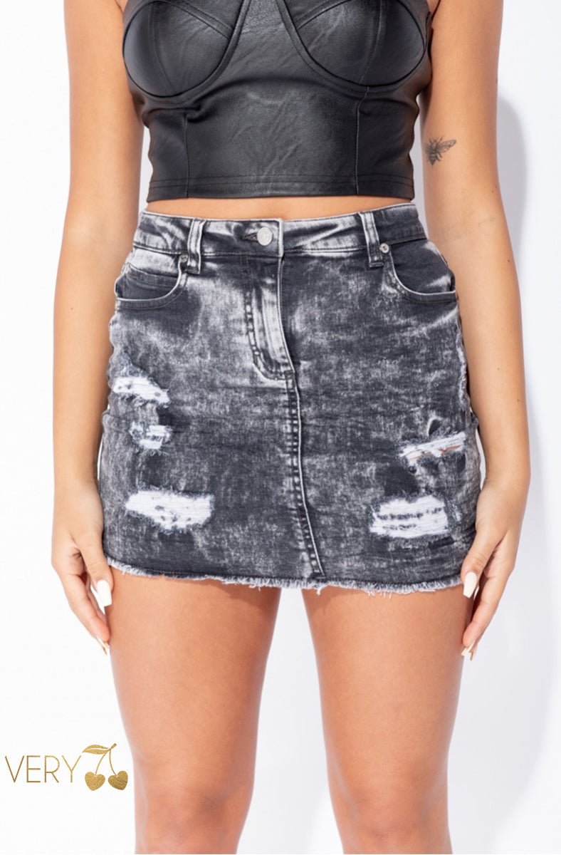 Grey Acid Wash Distressed Denim Skirt