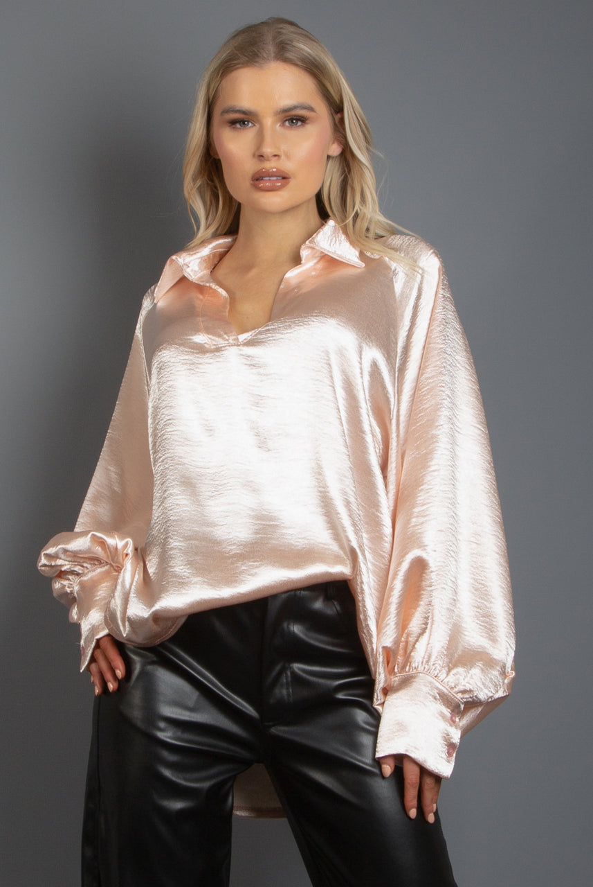 Satin V Neck Long Sleeve Blouse