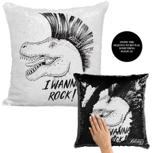 Load image into Gallery viewer, I Wanna Rock Dinosaur Reversible Sequin Pillow Case - Pillow Blingz
