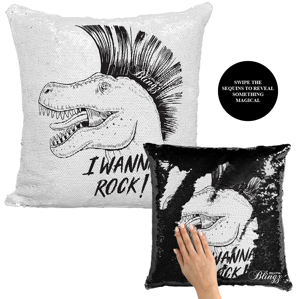 I Wanna Rock Dinosaur Reversible Sequin Pillow Case - Pillow Blingz